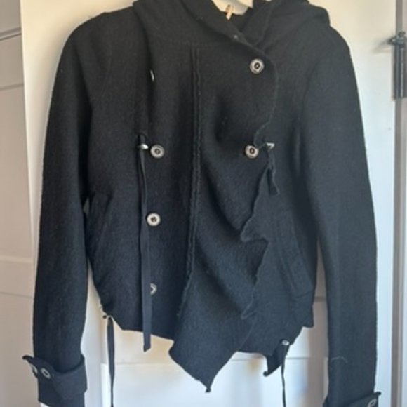 Free People Cinch Front Draped Hoodie Jacket Wool Black Sweater - Picture 4 of 8